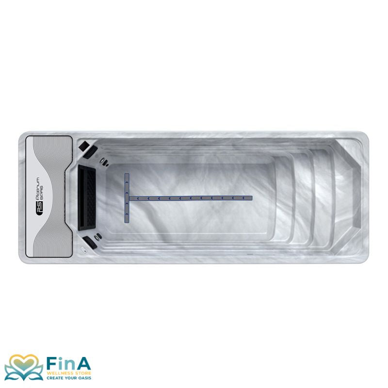 Platinum Spas Chronos Pro Mini Pool von oben mit sichtbarem Turbine Swim System und integrierter Einstiegstreppe im Sterling Silver Acrylfinish
