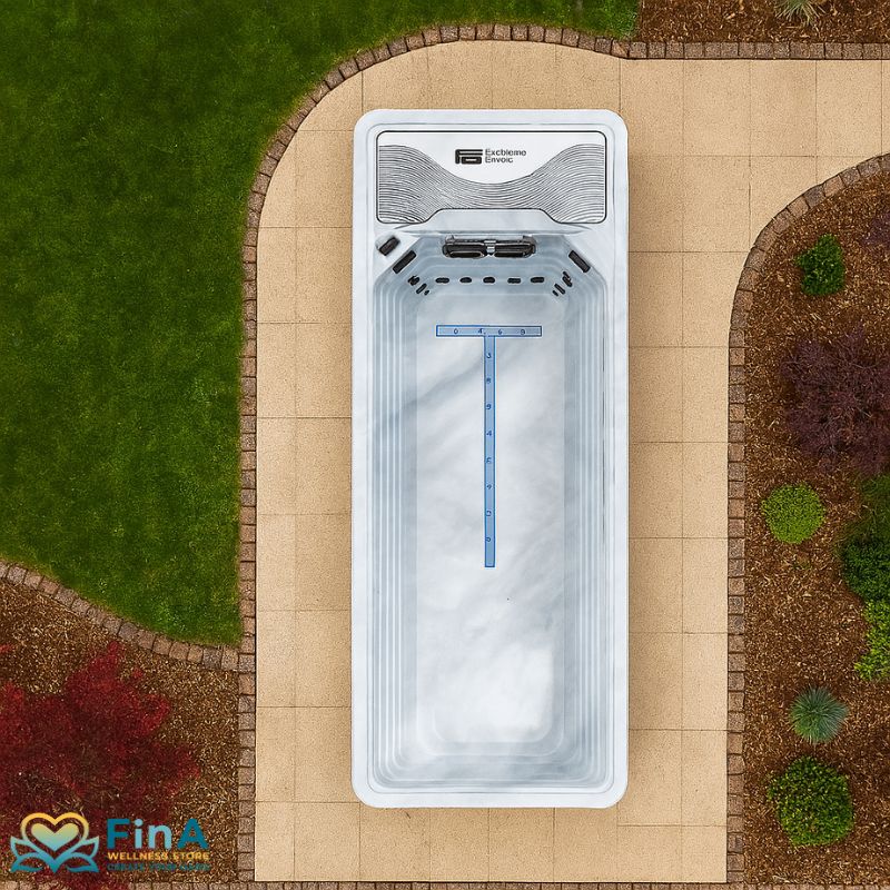 Vogelperspektive auf den Platinum Spas Mini Pool Hades in Sterling Silver – elegant eingebettet in eine hochwertig gestaltete Gartenlandschaft mit Natursteinplatten, Rasenflächen und Zierbepflanzung.